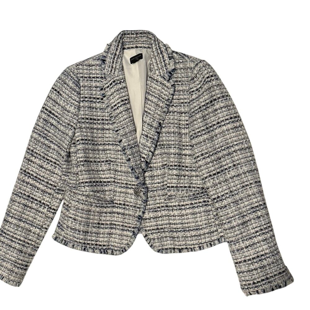 Ann Taylor Factory Petite Tweed Blazer 00P Blue White Fringe Trim Silver Buttons